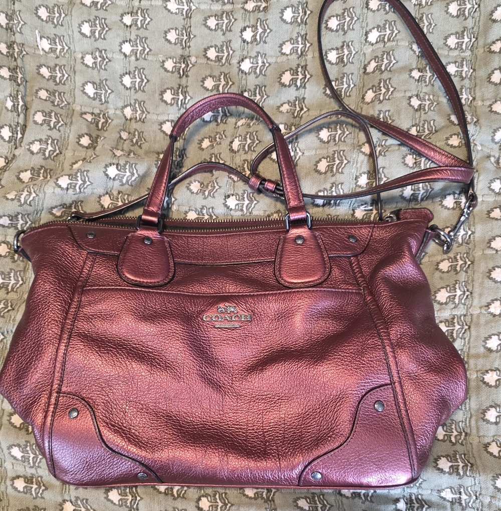 Coach Mickie Metallic Oxblood Leather Shoulder Bag With Crossbody Strap